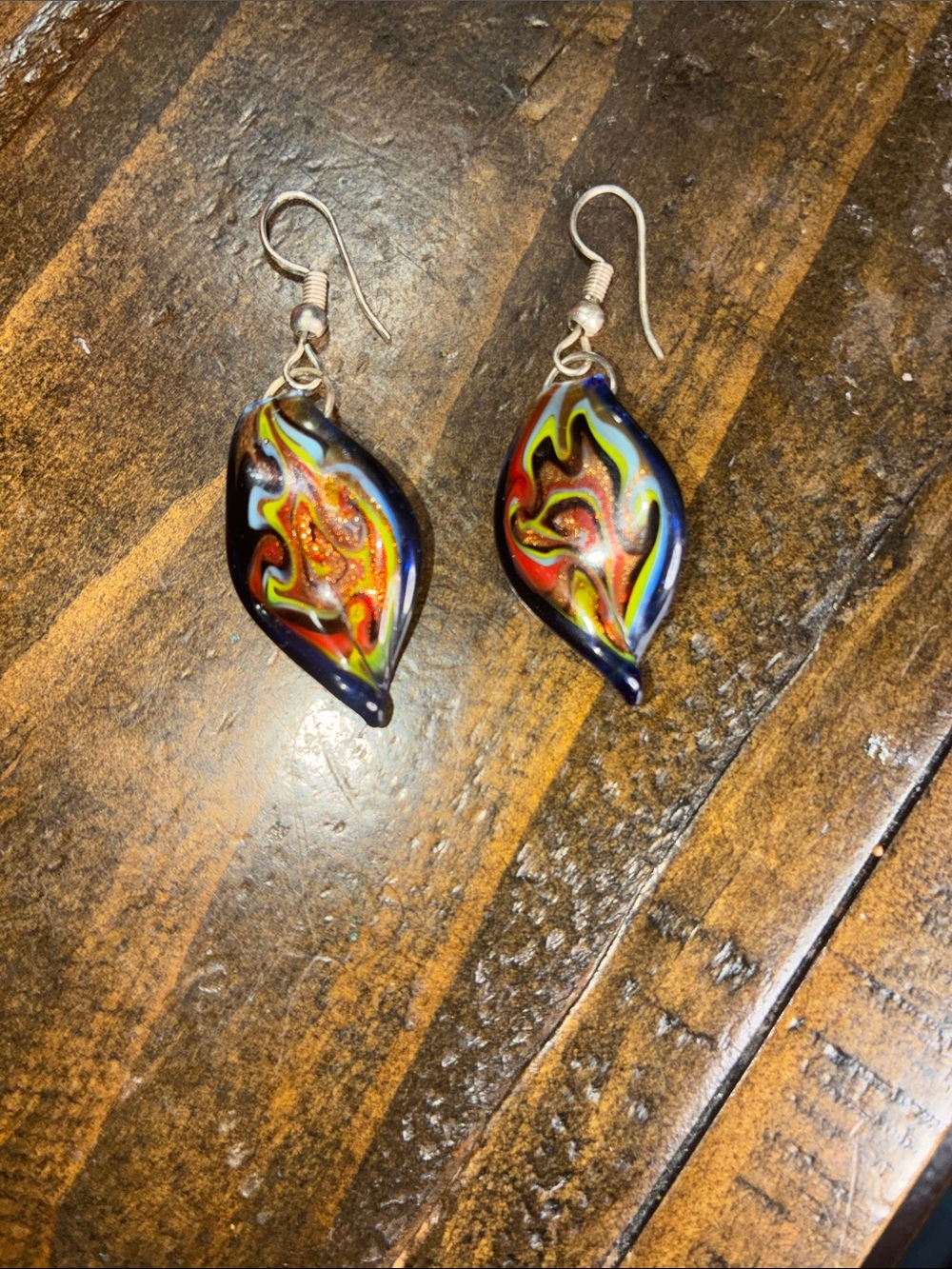 Murano Blue Multicolor Swirl Teardrop Earrings